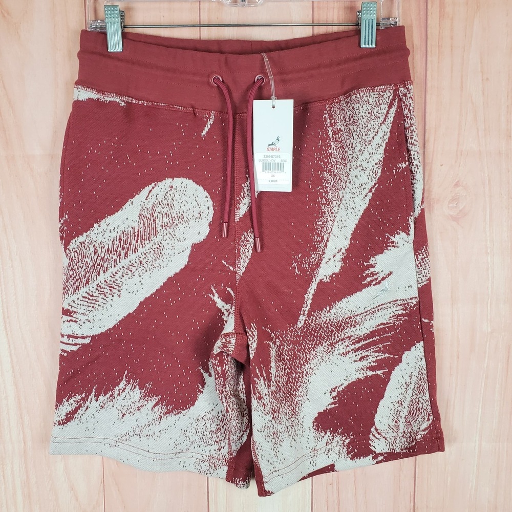 Staple Pigeon Shorts Mens XS Burgundy Gray Feather Print Terry Cotton Drawstring